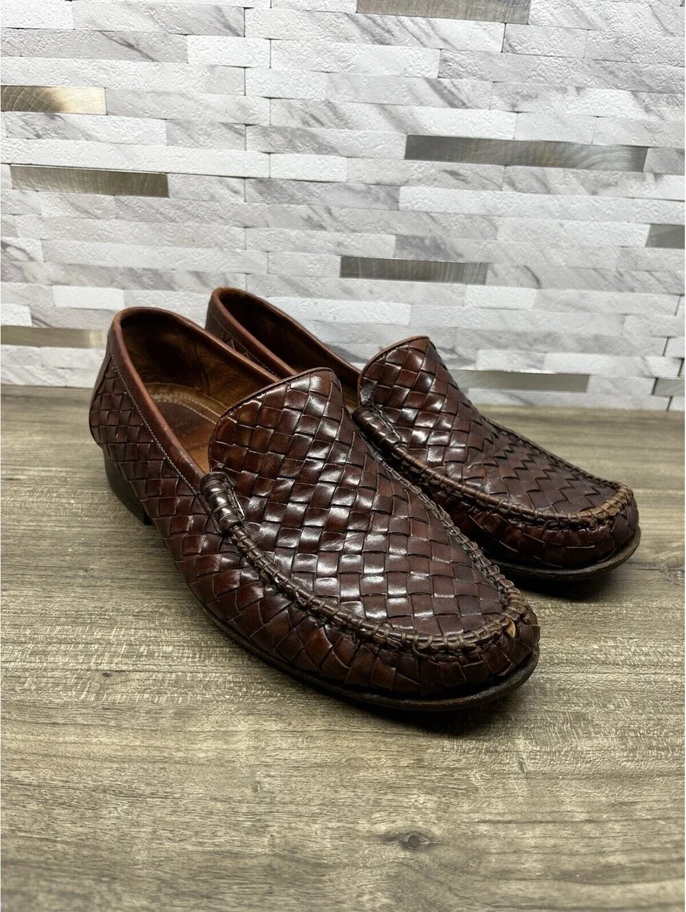 Allen Edmonds Messina Moc Loafers Men’s 7.5 EEE Weave Intrecciato Brown Italy